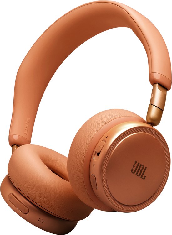 Oranje JBL over-ear koptelefoon met gouden accenten. De oorschelpen zijn rond met een getextureerd JBL logo.