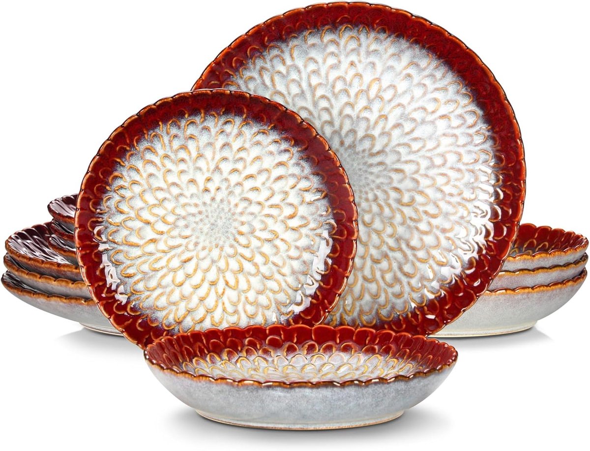 Servies Set - Stenen Borden - Dagelijks Gebruik - Textuur Design - 6 Persoons - Rood