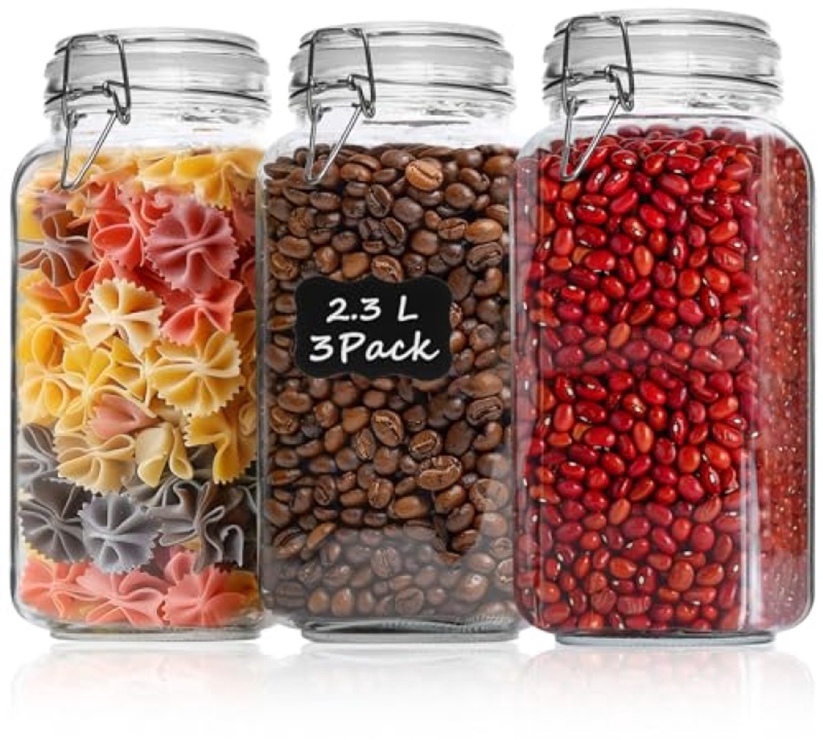 Set van 3 glazen voorraadpotten 2300ml met clipsluiting - Luchtdicht, helder glas