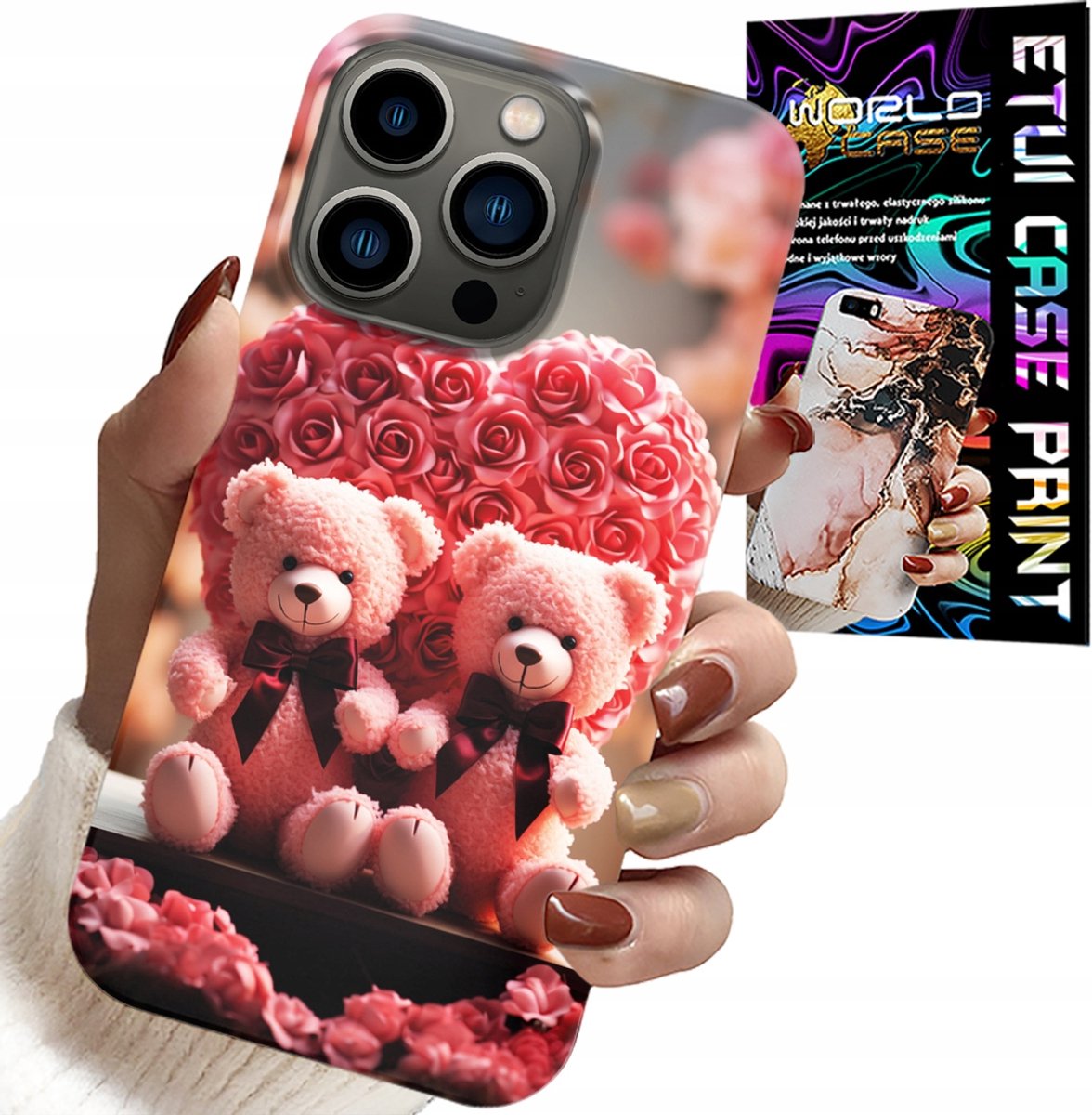 HOESJE VOOR IPHONE 15 PRO MAX - ROSE BEAR FAMILY HEART + GLAS