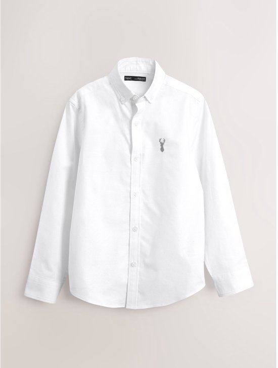 Wit katoenen overhemd met lange mouwen, knopen en geborduurde zilveren hert.