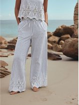 Next - Dames - Gestreepte broderie broek met wijde pijpen en linnen - Blauw