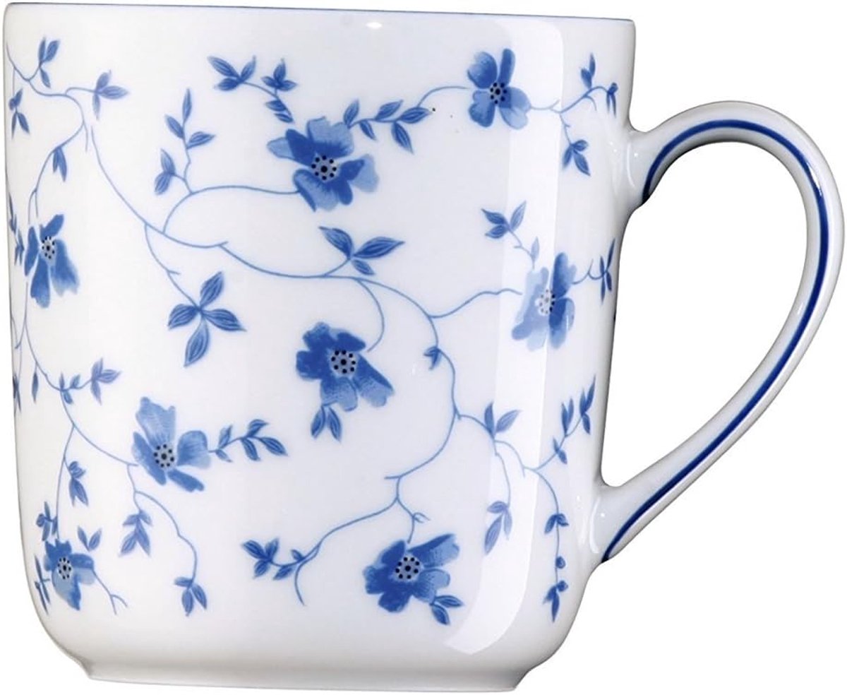 Porseleinen mok - Kop met oor - Koffie thee - Blauwe bloemen patroon - 25x18x10 cm - Wit blauw