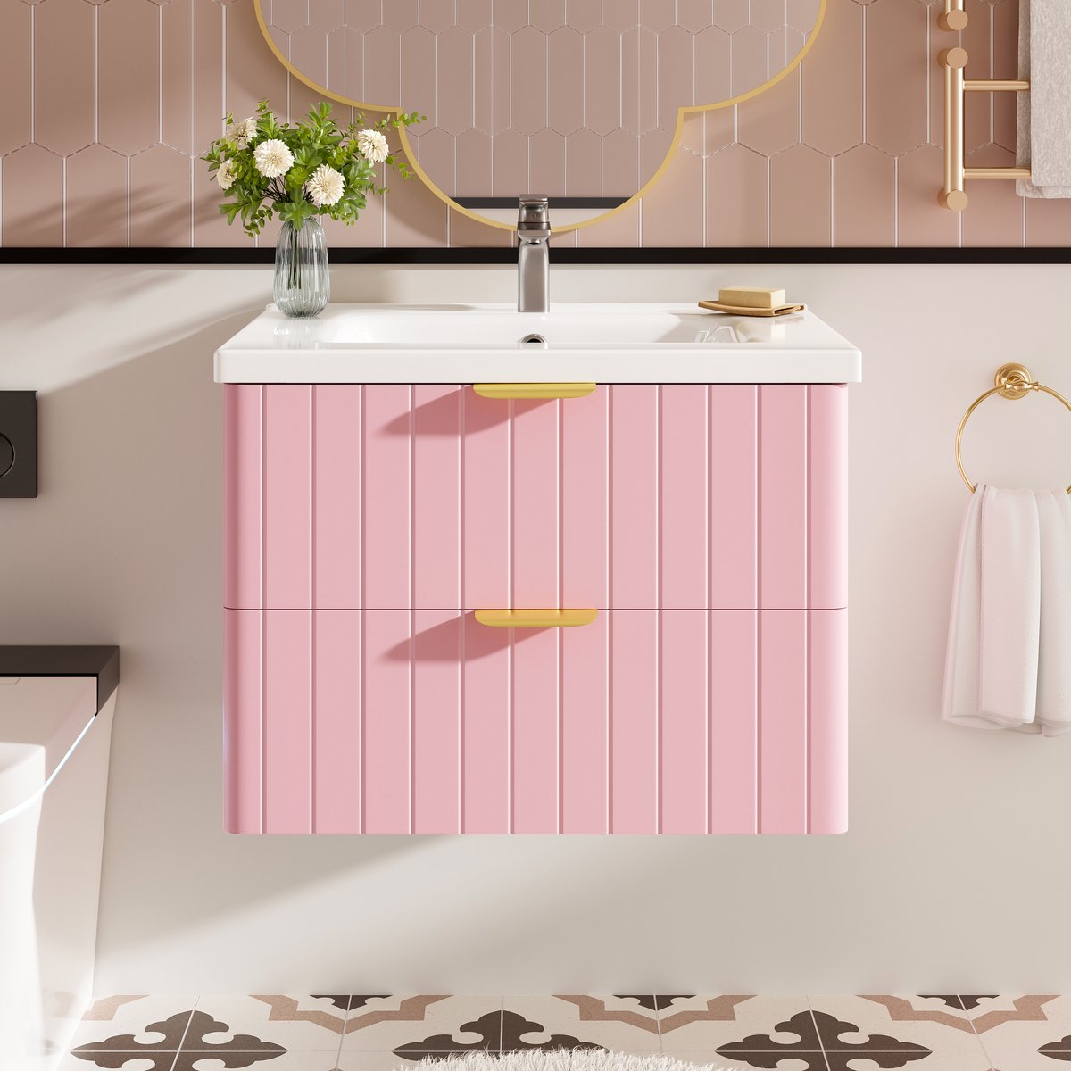 Wishdor - Badkamermeubel Met Wastafel - Zweelaagse Opbergruimte - Wandmontage - MDF - Roze-Wit