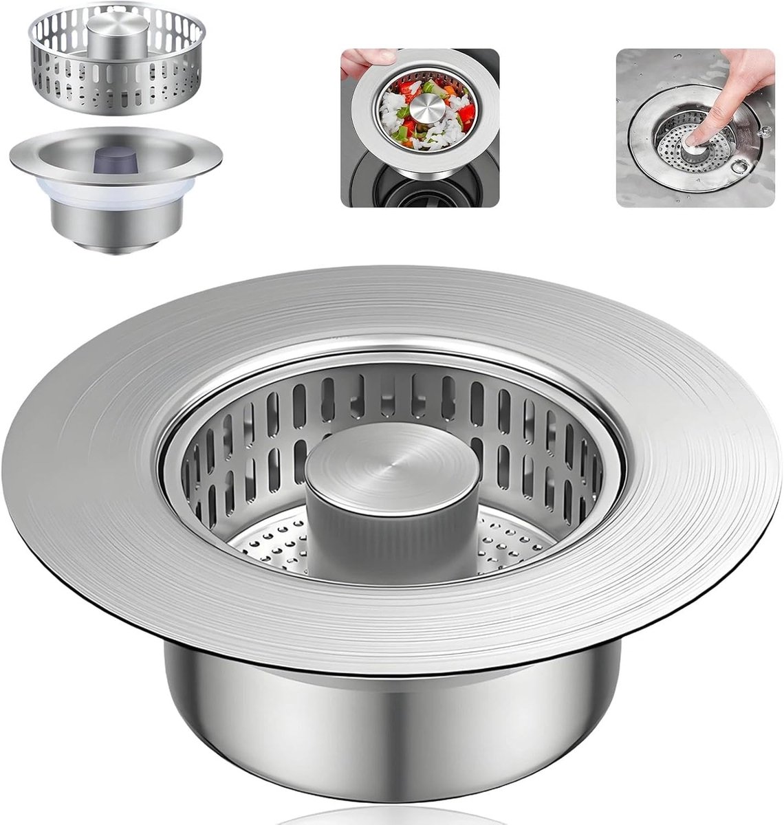Afvoerzeef Keuken - Spoelbak Stop - Voorkom Verstoppingen - 3-in-1 Functie - 71-85 mm - Zilver