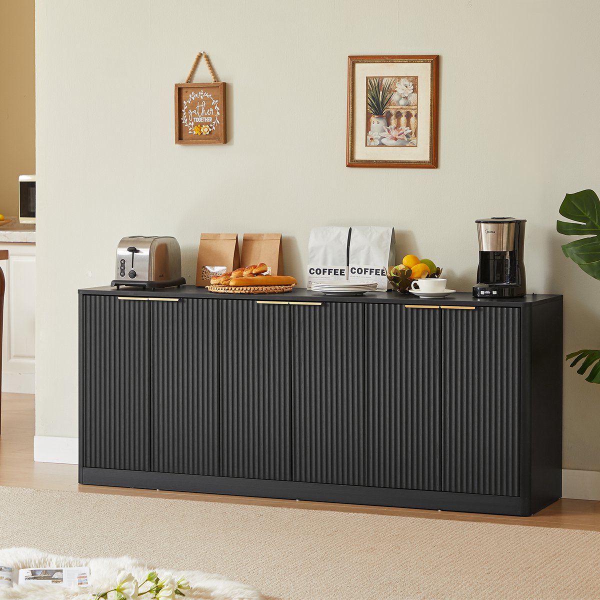 Wishdor Dressoir - 6 Deuren - Golvend Front - Modern - Voor Woonkamer Of Keuken - MDF - Zwart - 170 x 40 x 70,5 cm