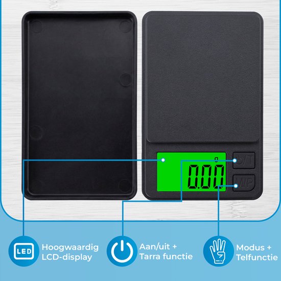 Zwarte digitale weegschaal met een groen LED-display waarop 0.00 gram staat, met een openklapbare deksel.