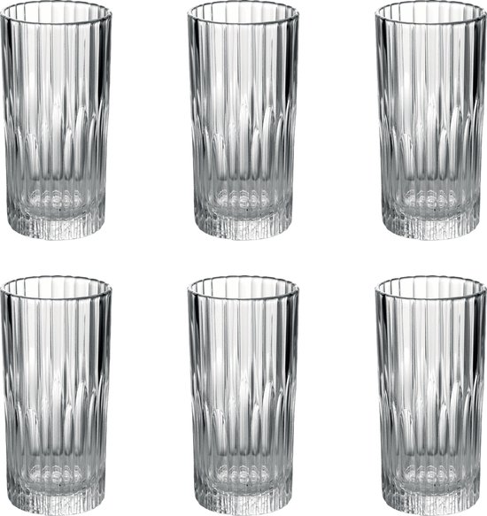 Ensemble de six verres Duralex Manhattan avec des nervures verticales.