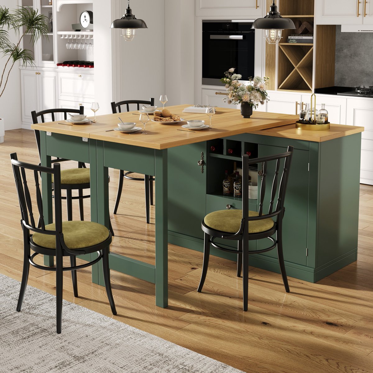 Sweiko Bartafel - Eettafel - Uitschuifbaar 120-180 cm - 360° draaibaar - Wijnrek - 2 lades - Groen