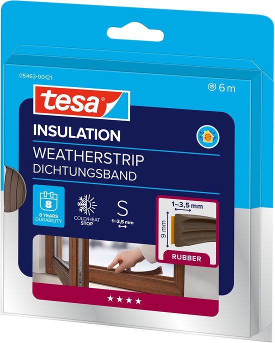 Verpakking van tesa isolatie weatherstrip, EPDM schuim, 6m, 9mm breed, met sterren.