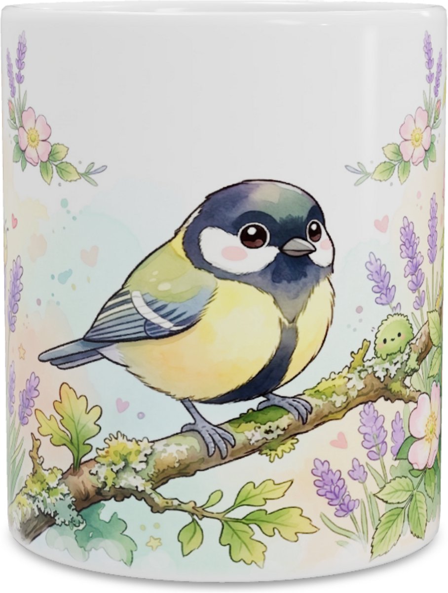 Lieve Koolmees Mok met Gele Vogel, Bijtje en Lavendel - Kawaii Series - Vrolijke Koffiemok en Theebeker Cadeau voor haar: Vrouw, Vriendin of Collega - Fleur je Werkplek op Kantoor of Thuis op - Schattige Dieren Lente Print Beker