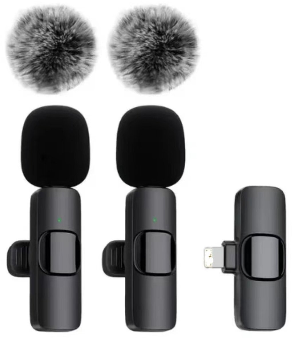 Draadloze dasspeldmicrofoon K9 (één-op-twee, Apple-connector) + een paar pompons