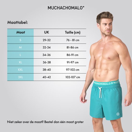 Man in turquoise zwembroek naast een maattabel van Muchachomalo.