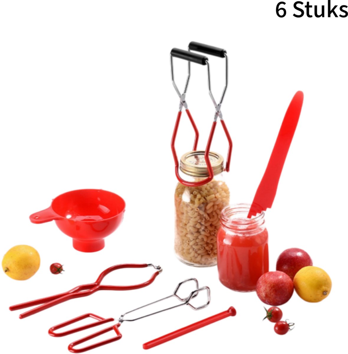 6 stuks keukengerei set - roestvrij staal - blikopener en tillift - antislip handgreep - rood