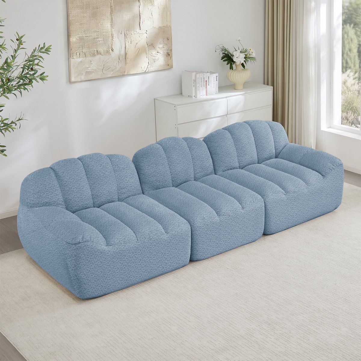 OKWISH Hoekbank - 3-Zits Modulair Sofa Met Ottoman - Diepe Zitting En Frameloos Comfort - Woonkamer - Cord - Blauw