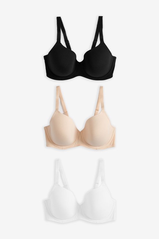 Set van drie beha's in zwart, beige en wit met gladde cups en beugels.