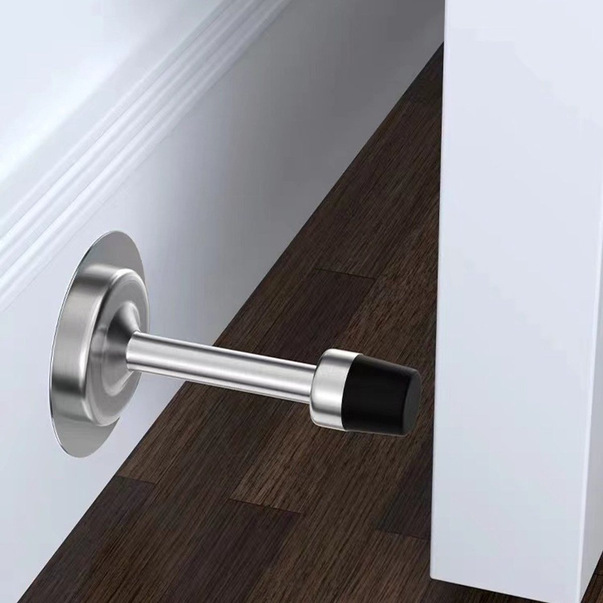 Deurstopper – Ø 19 x 120 mm – Zilver – Zwart rubber – Wandmontage (Set van 2)