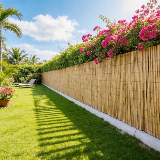 Een gazon met schaduwen van een pergola, naast een lange bamboe schutting begroeid met roze bloemen en groen.