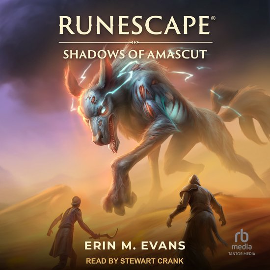Runescape: Shadows of Amascut. Een monster met een vosachtig uiterlijk en verlichting op zijn rug staat tegenover twee figuren in een woestijnlandschap.