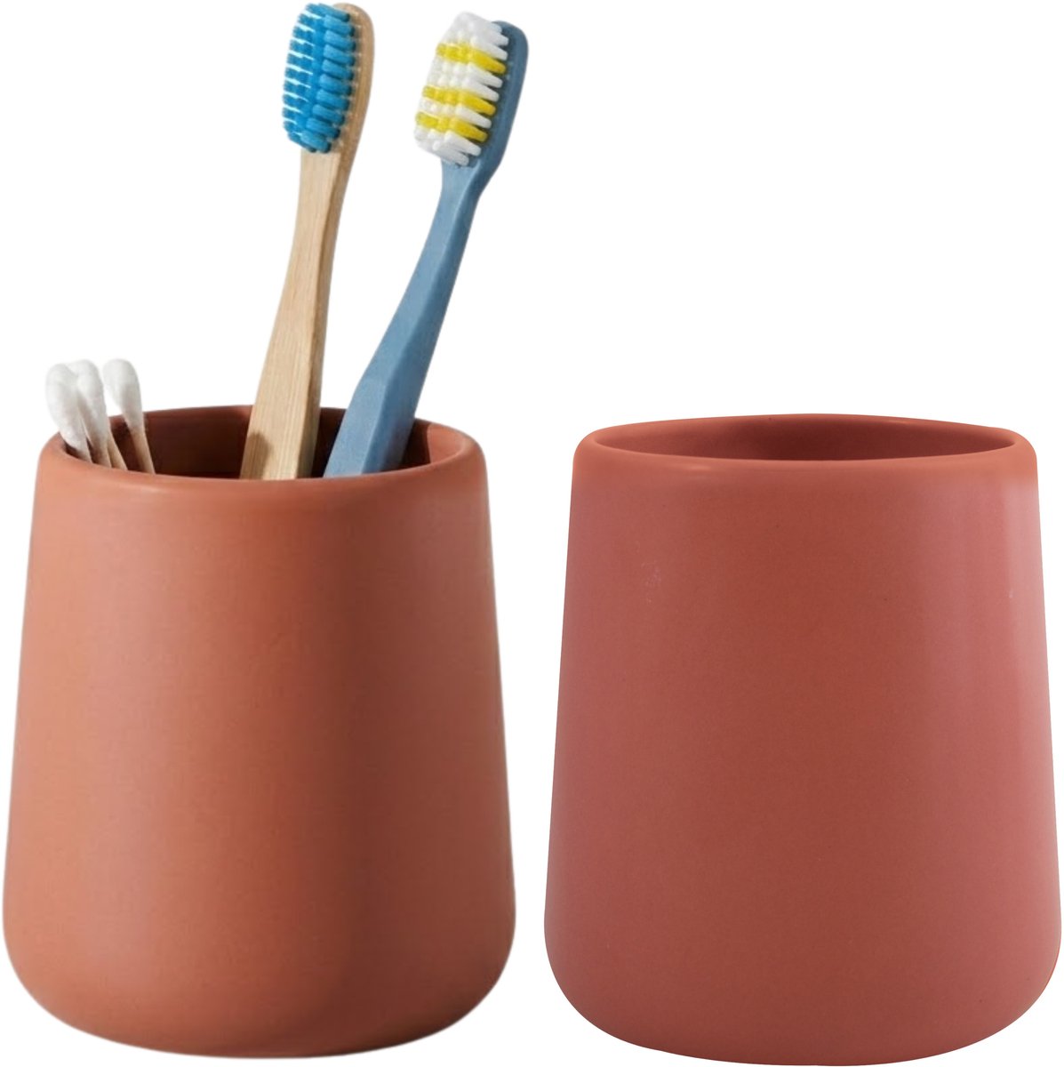Bathroom Solutions Badkamer beker / tandenborstelhouder Earth Serie - 2x - Keramiek - terracotta - 8 x 10 cm