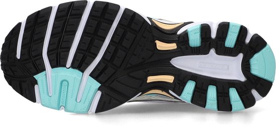 Onderkant van crèmekleurige Saucony sneakers met zwart, turkoois en beige loopvlak.