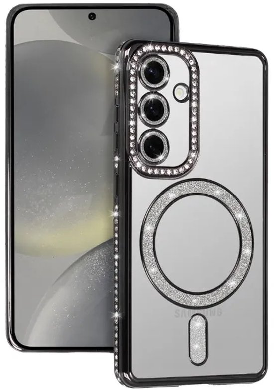 Coque noire à paillettes avec dos transparent et anneau MagSafe. Ornée de strass autour de l'appareil photo et des côtés.