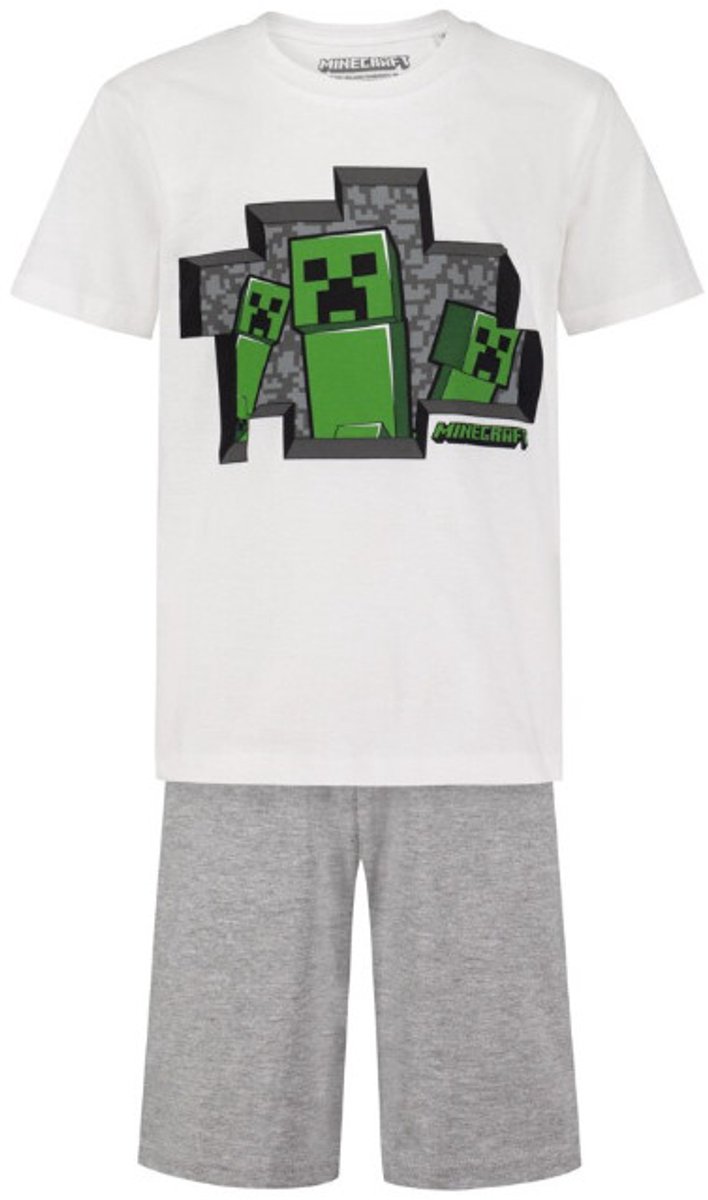 Minecraft pyjama - wit - grijs - Maat 128 / 8 jaar
