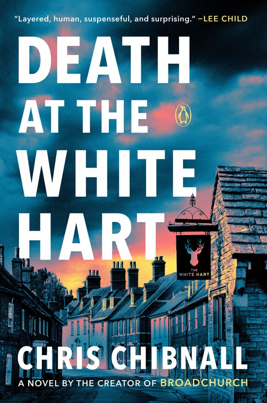 Couverture du livre "Death at the White Hart" de Chris Chibnall, représentant une scène de rue au coucher du soleil avec l'enseigne d'un pub.