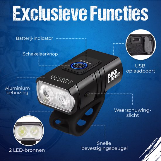Securely LED Fietslamp 1000 Lumen - USB Oplaadbare Fietsverlichting - Waterbestendig - Voor Fiets, E-bike, Fatbike & MTB — afbeelding 4