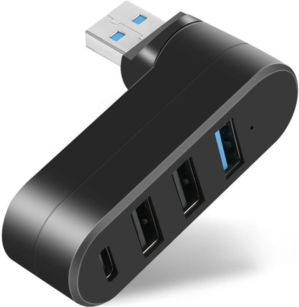 Mini USB-hubadapter - 4 poorten - USB 3.0 + 2.0 + Type-C - 90°/180° draaibaar - Zwart