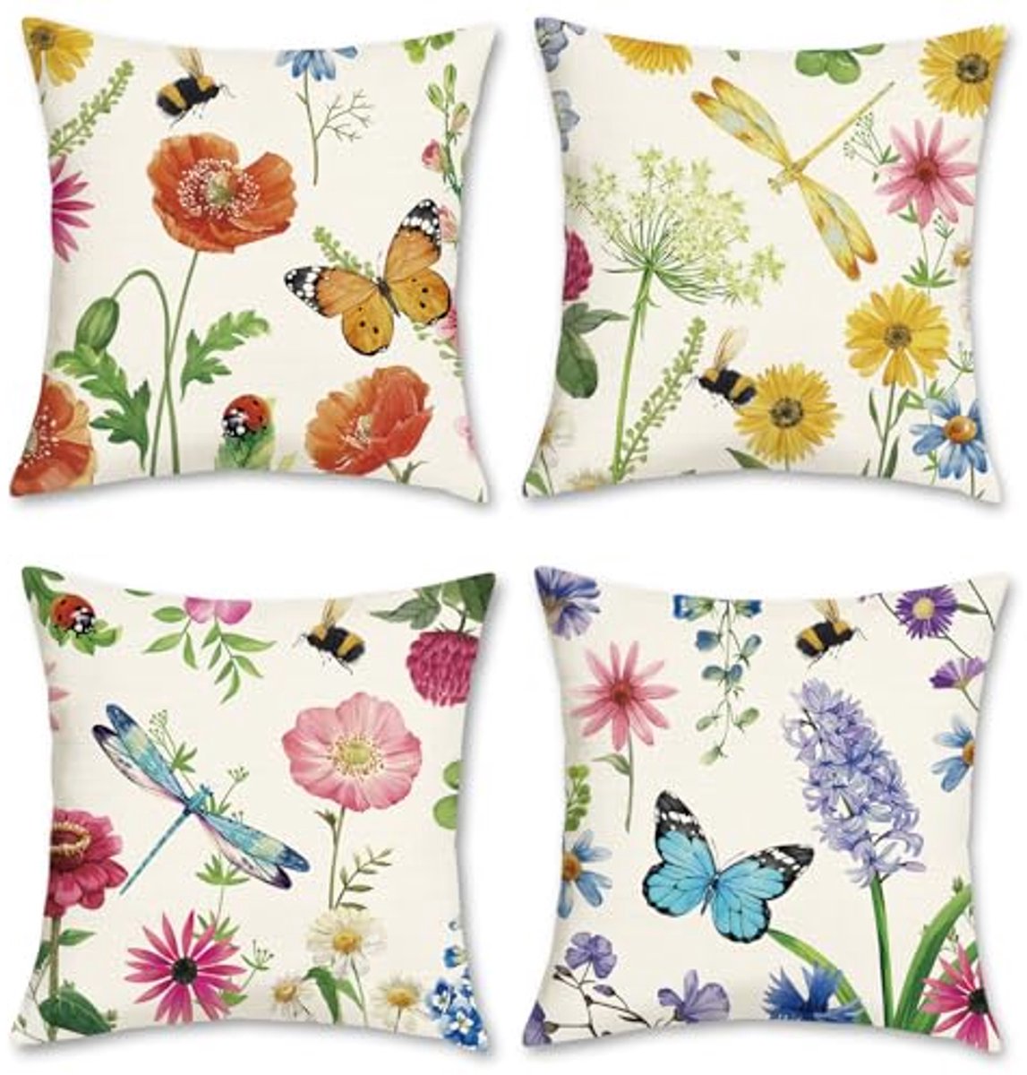 Ultiluxe® Kussenhoezen - 4 Stuks - Sierkussenslopen - Decoratieve Kussenhoes - 45 x 45 cm - Polyester Linnen - Bloemen Vlinders Print - Wit Multicolor