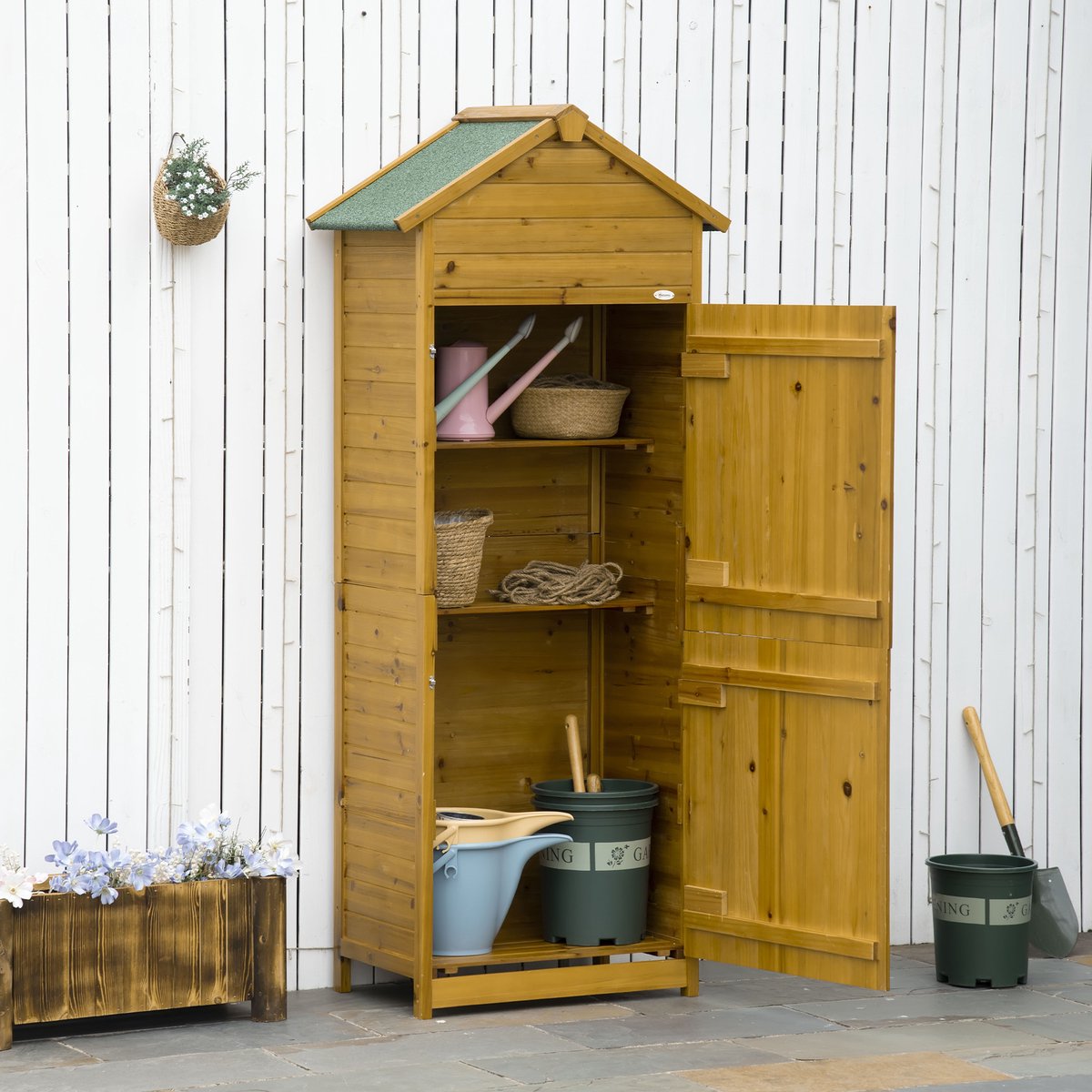 REDOM Tuinkast - Massief Hout - Zadeldak Met Bitumen - 2 Deuren - 2 Legplanken - Naturel H