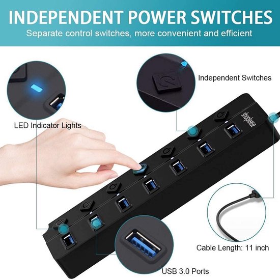 USB 3.0 Splitter 7 Poorts met 5V/2A Adapter en Individuele Aan/Uit-schakelaar van Merkloos — afbeelding 5