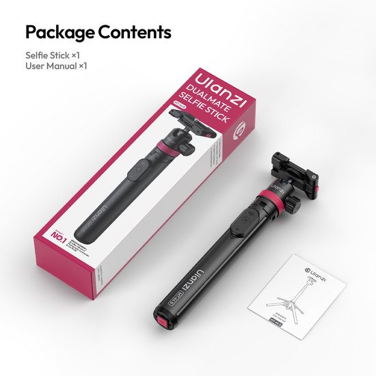 Verpakking van Ulanzi Dualmate Selfiestick met de zwarte stick en handleiding ernaast.