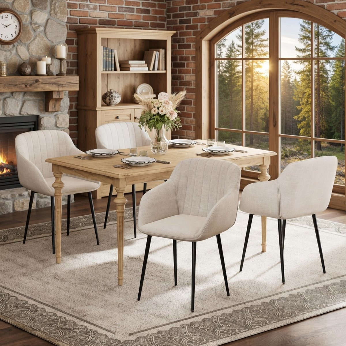 Luxe Set van 4 Beige Eetkamerstoelen met Armleuningen – Ergonomische Gestoffeerde Stoelen voor Eetkamer, Keuken, Woonkamer en Slaapkamer – Met Metalen Frame en Vloerbescherming – Van Novihome