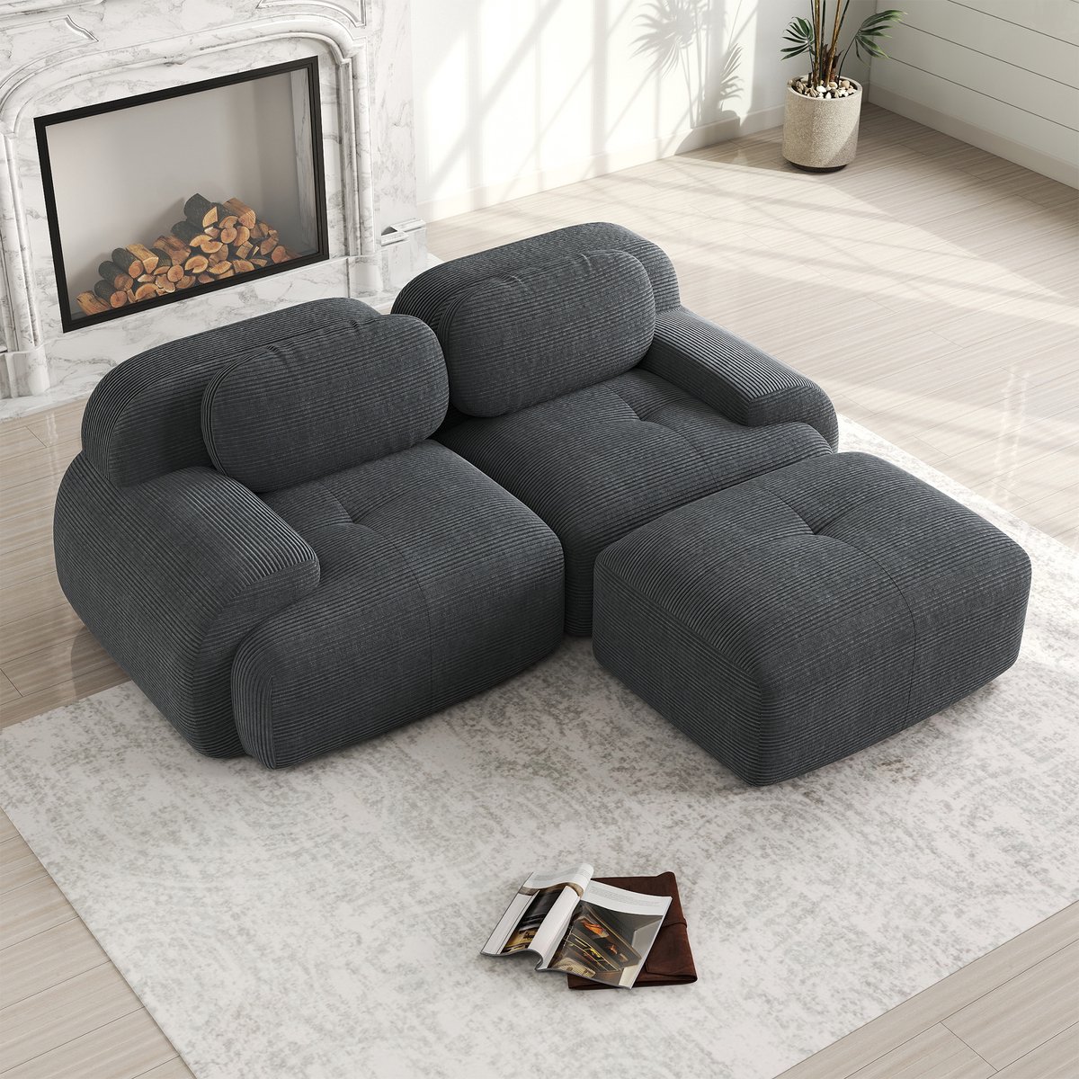 HAUSS SPOLE Hoekbank 208 Cm - Modulaire Bank Met Gebogen Armleuningen - Montagevrij - Corduroy - Grijs