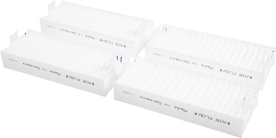 Vier witte, rechthoekige filters met vouwen, met 'Made in Germany' en 'AIR FLOW'-tekst.