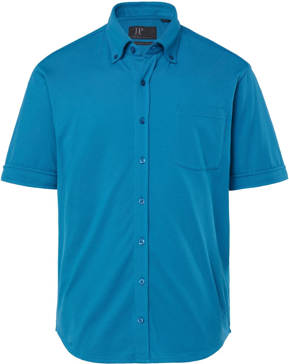JP 1880 - Heren - Piqué overhemd FLEXNAMIC® korte mouw buttondown-kraag - Petrolblauw - Maat L