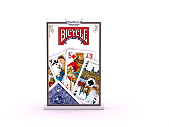 Bicycle speelkaarten Dutch Faces. De voorkant van de doos toont een koningin, koning en het Rijksmuseum.