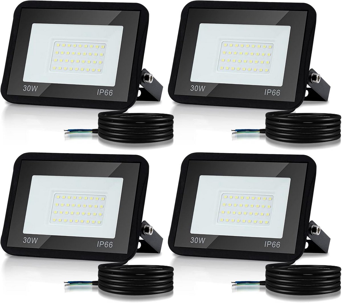 Set van 4 LED Schijnwerpers 30W Warmwit 3000K 2550 Lumen IP66 voor Buiten en Werkruimte