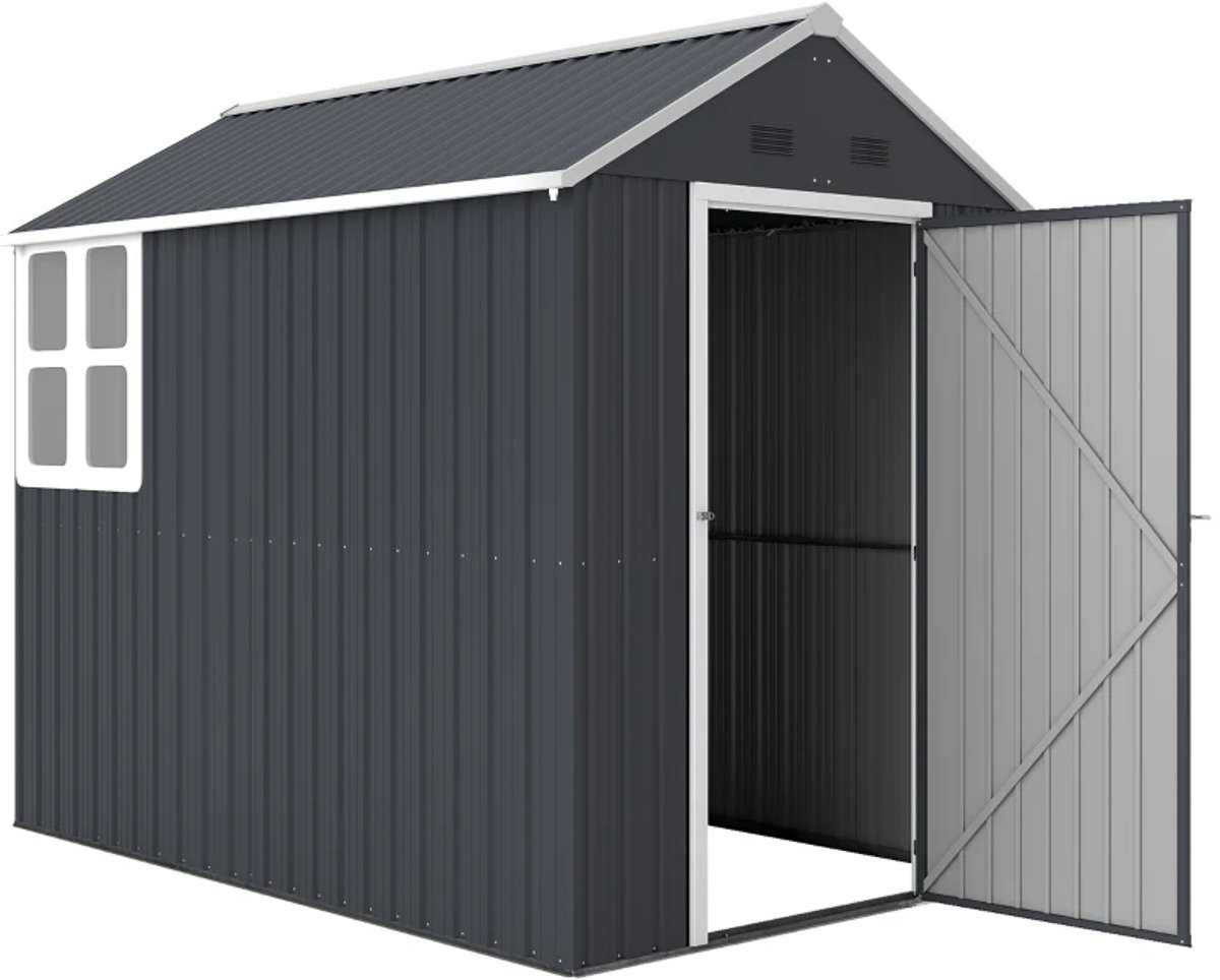 Tuinschuur - 259x172x222 cm - Gegalvaniseerd Staal - Tuinhuisje - Gereedschapsschuur - Opslagruimte Tuin - Tuingereedschap Bewaren - Buitenschuren - Fietsenberging - Tuinhuis met Raam & Deur - Grijs/Wit