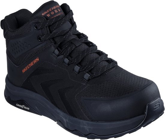 Chaussure de travail noire avec logo Skechers Work orange sur le côté et semelle Goodyear.
