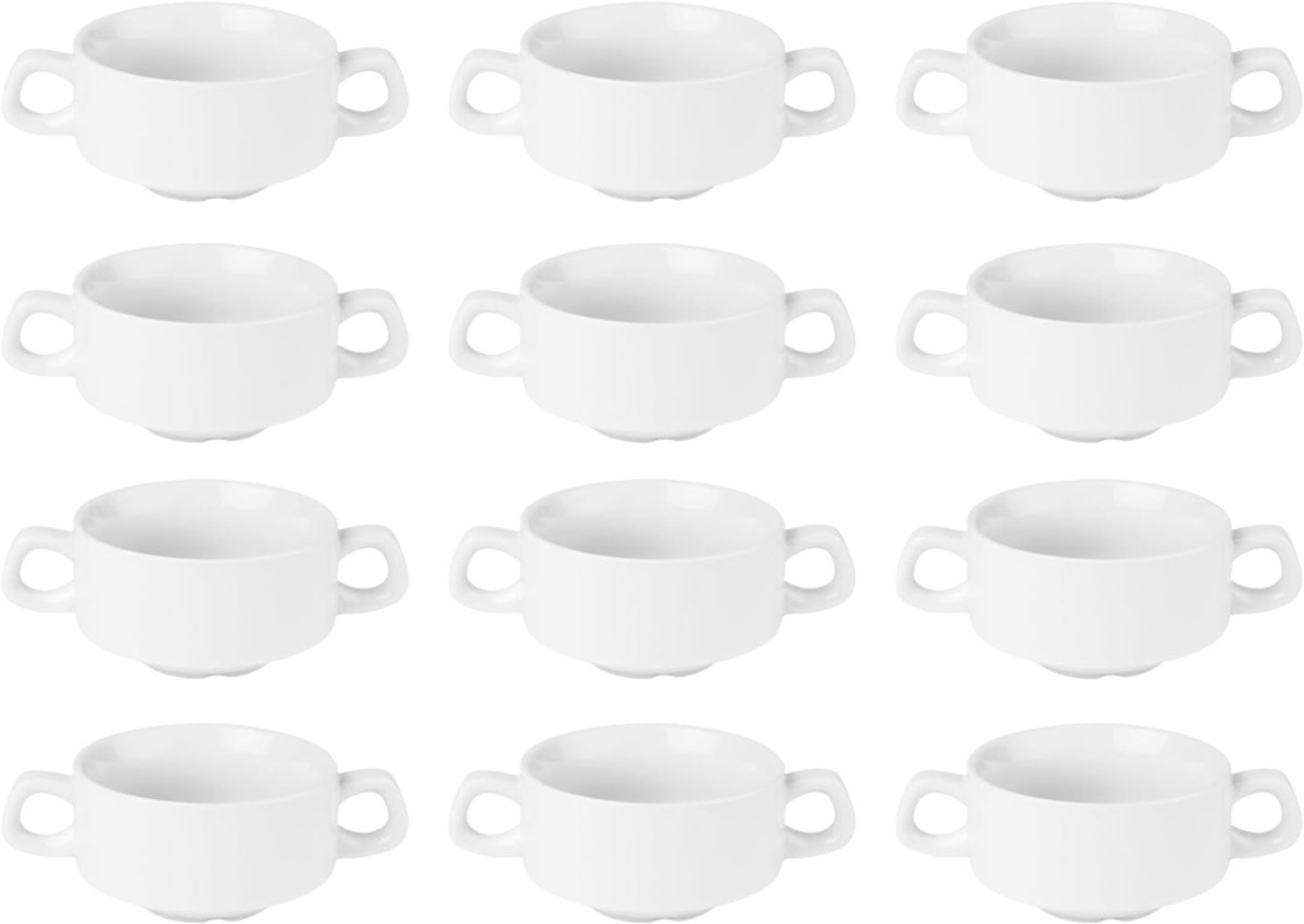 Goodivery® - Soepkommen Met Handvatten - Stapelbare Witte Soepkommen Met Handvat - 290 ML - 12 Stuks - Diameter: 107 MM - Schokbestendig Porselein - Gastronomische Kwaliteit