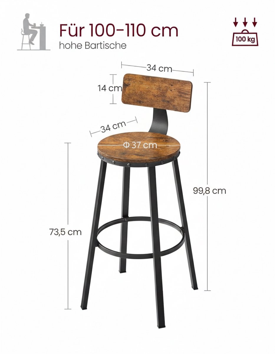 Barkrukken Set van 2 – House&Garden Industrial Vintage Barstoelen 73 cm Zithoogte – Houten Zitting & Zwart Metalen Frame – Met Rugleuning en Voetensteun – Voor Keukeneiland, Bar & Eetkamer – Vintage Bruin