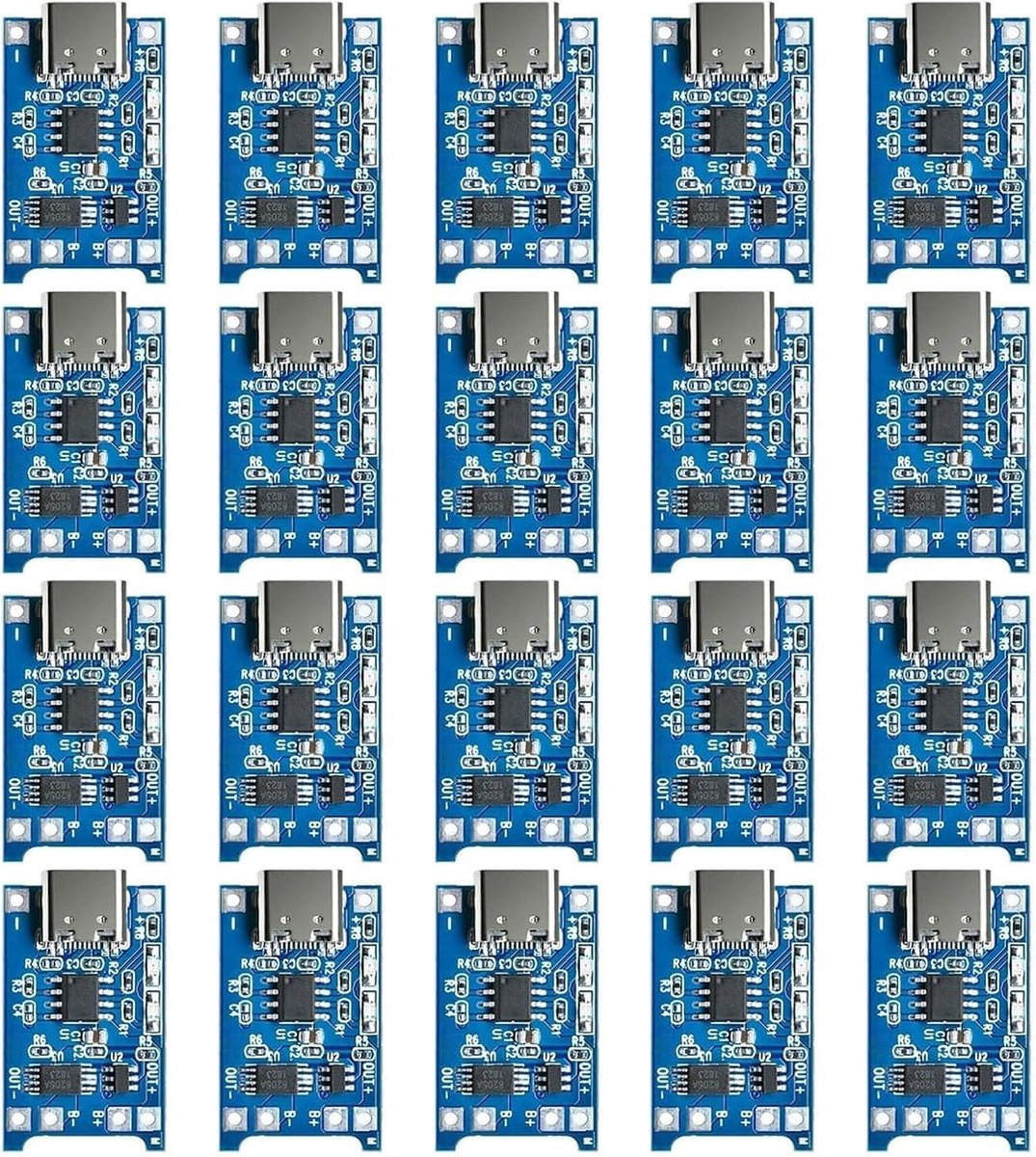 20 Stuks 18650 USB-C Lithium Accu Laadmodule met Dubbele Bescherming