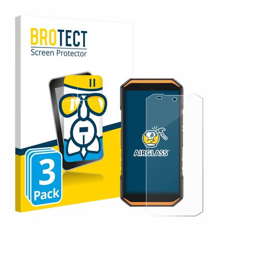 Emballage de protection d'écran BROTECT, lot de 3. Un téléphone avec logo Airglass et un téléphone avec un personnage de dessin animé.