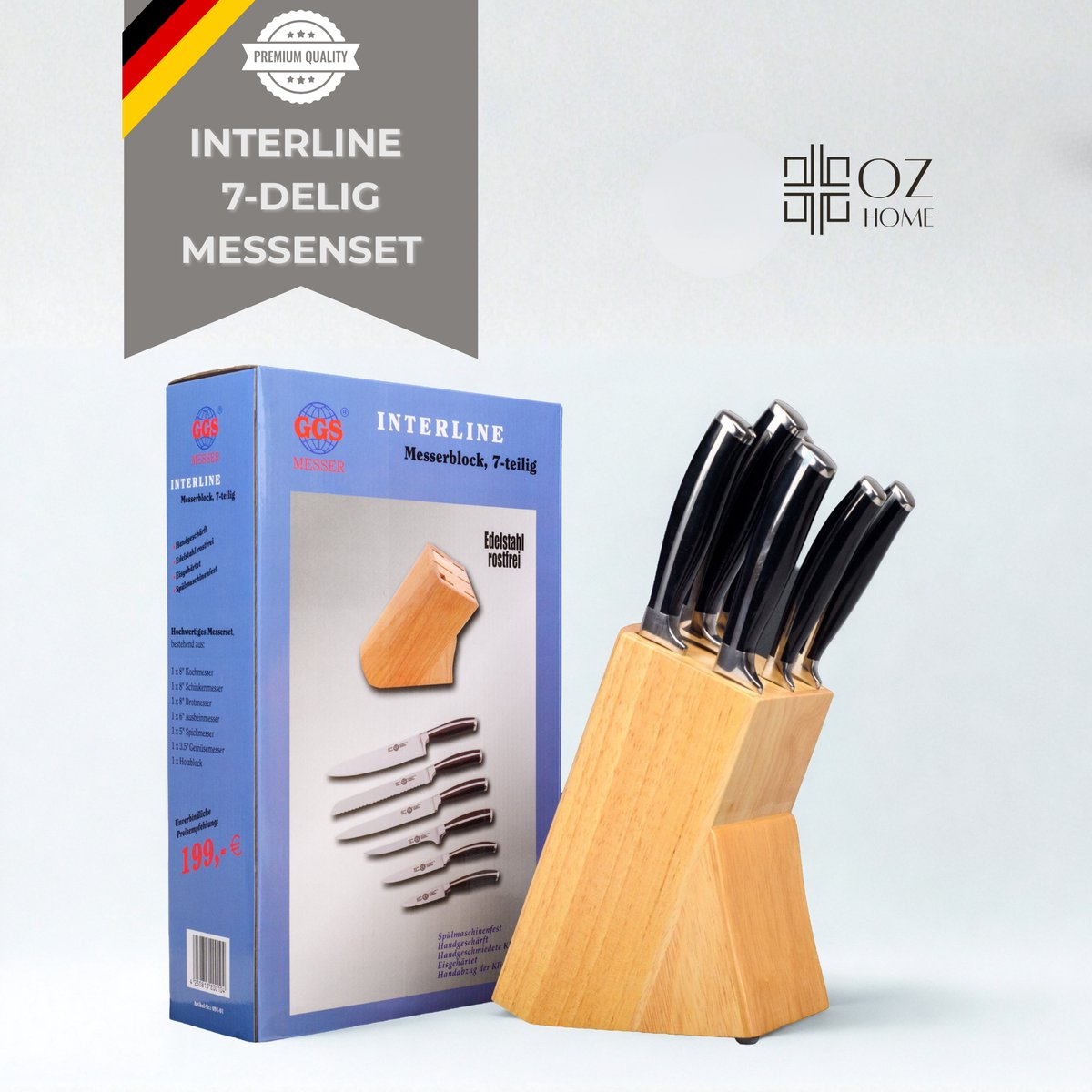 OZ Home GGS Collection Interline Messenset – 7-delig – RVS – Handgeslepen – Met Blok