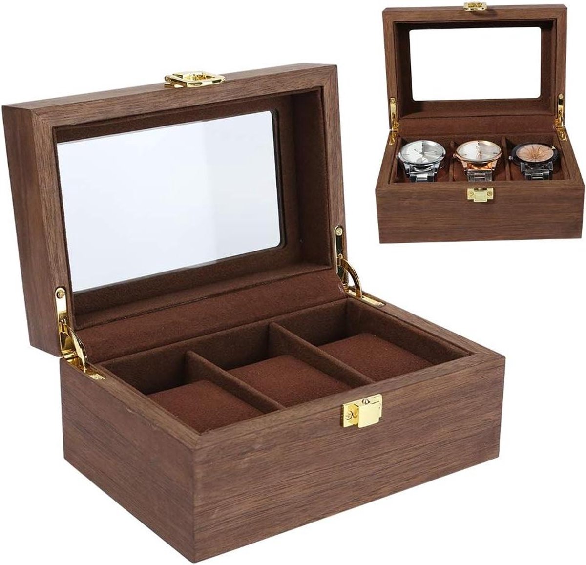 Allecto - Horlogedoos voor 3 horloges - Opbergruimte - Zwart walnoothout - Glazen venster - Horlogeweergave - Horloge opberger - Geschikt voor meerdere merken - Transparant deksel - Houten kist met vakken
