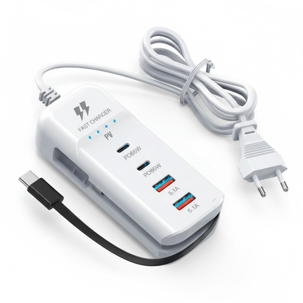 PureVolt 5 in 1 USB Desktop Oplaadstation - USB-C Multi-Poort Oplaadblok met PD 66W - Snellader voor Android & Mobiele Telefoons
