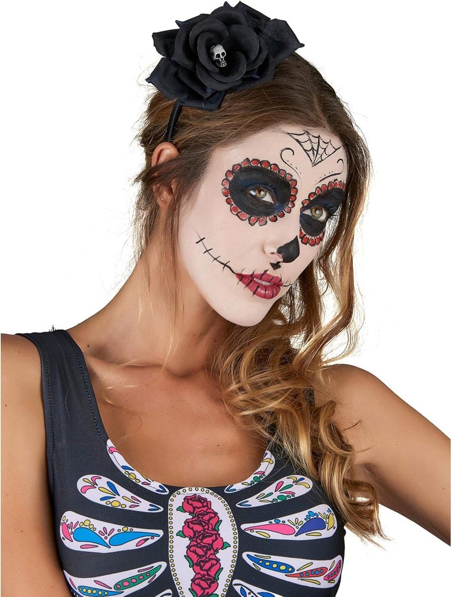 Zwarte Haarband met Grote Roos en Doodskop - Accessoire voor Halloween en Feesten